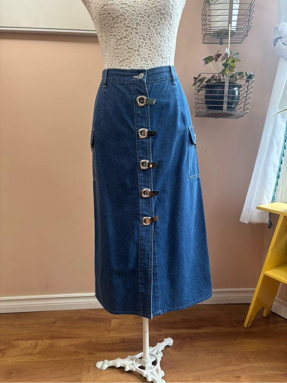 Vintage Blue Denim Midi Skirt with Front Buckle Details